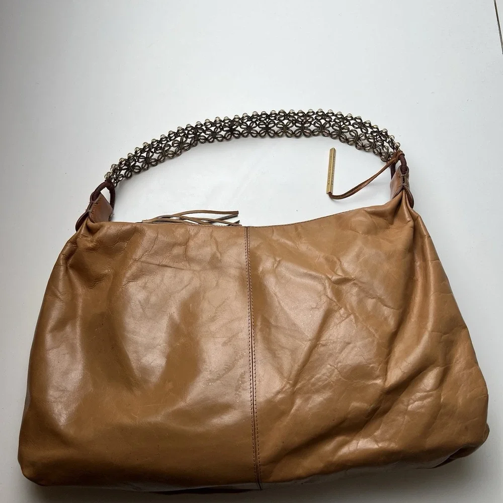 Elliott Lucca Worn-Look Brown Leather Purse With Bead & Metal Strap
